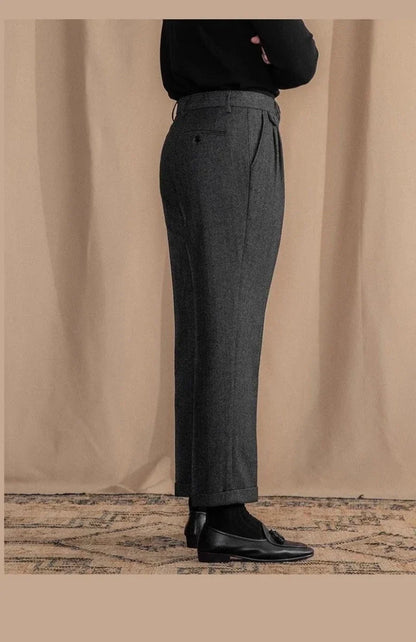 Pantalones Rectos de Lana en Espiga Estilo Italiano