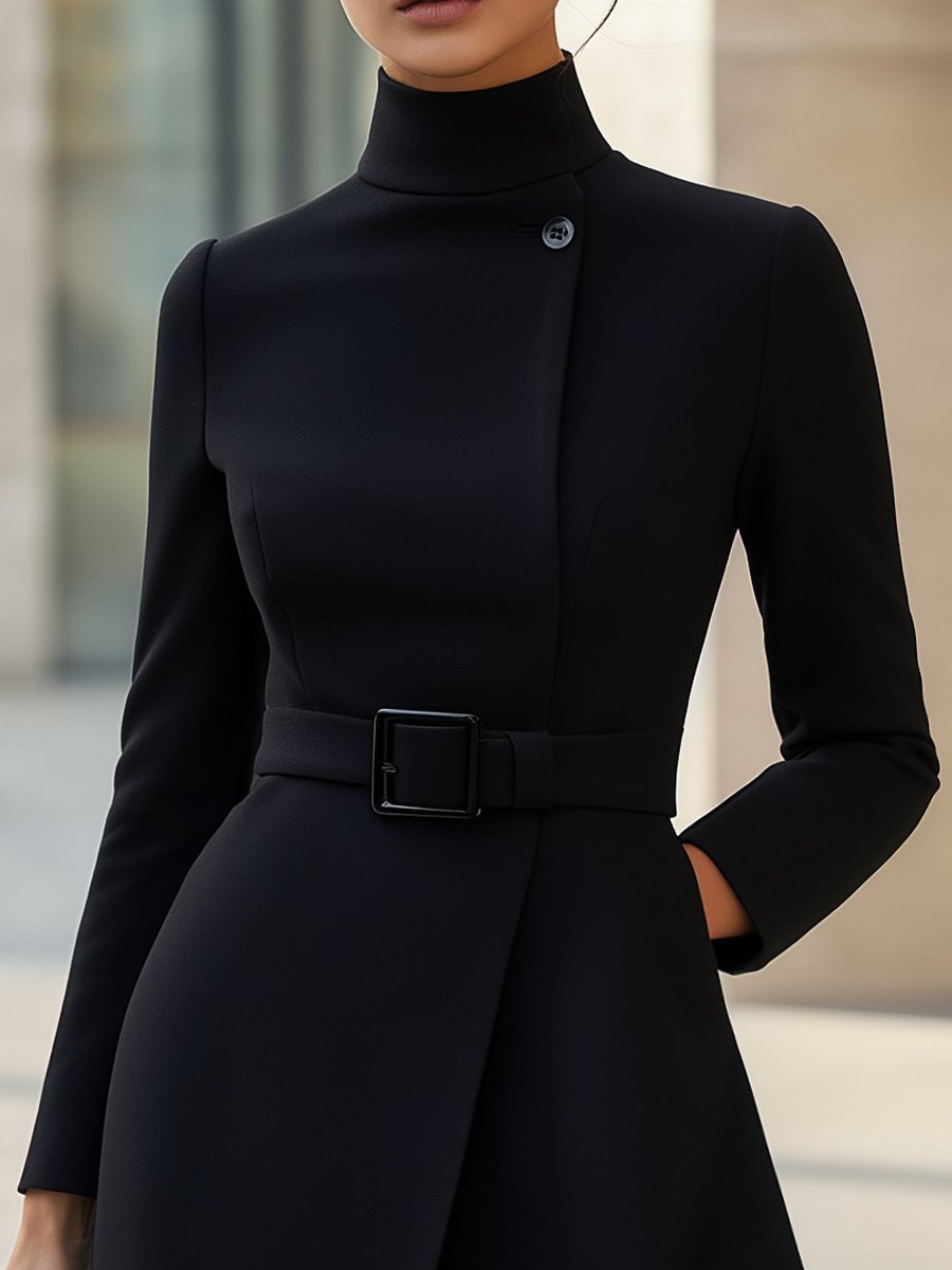 Vestido elegante con cuello subido y cinturón