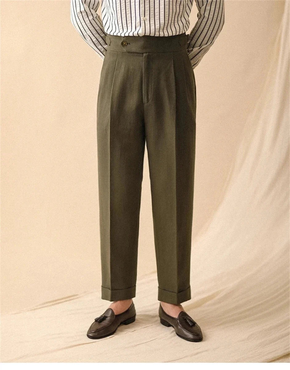 Pantalones de Lino de Corte Recto de Negocios