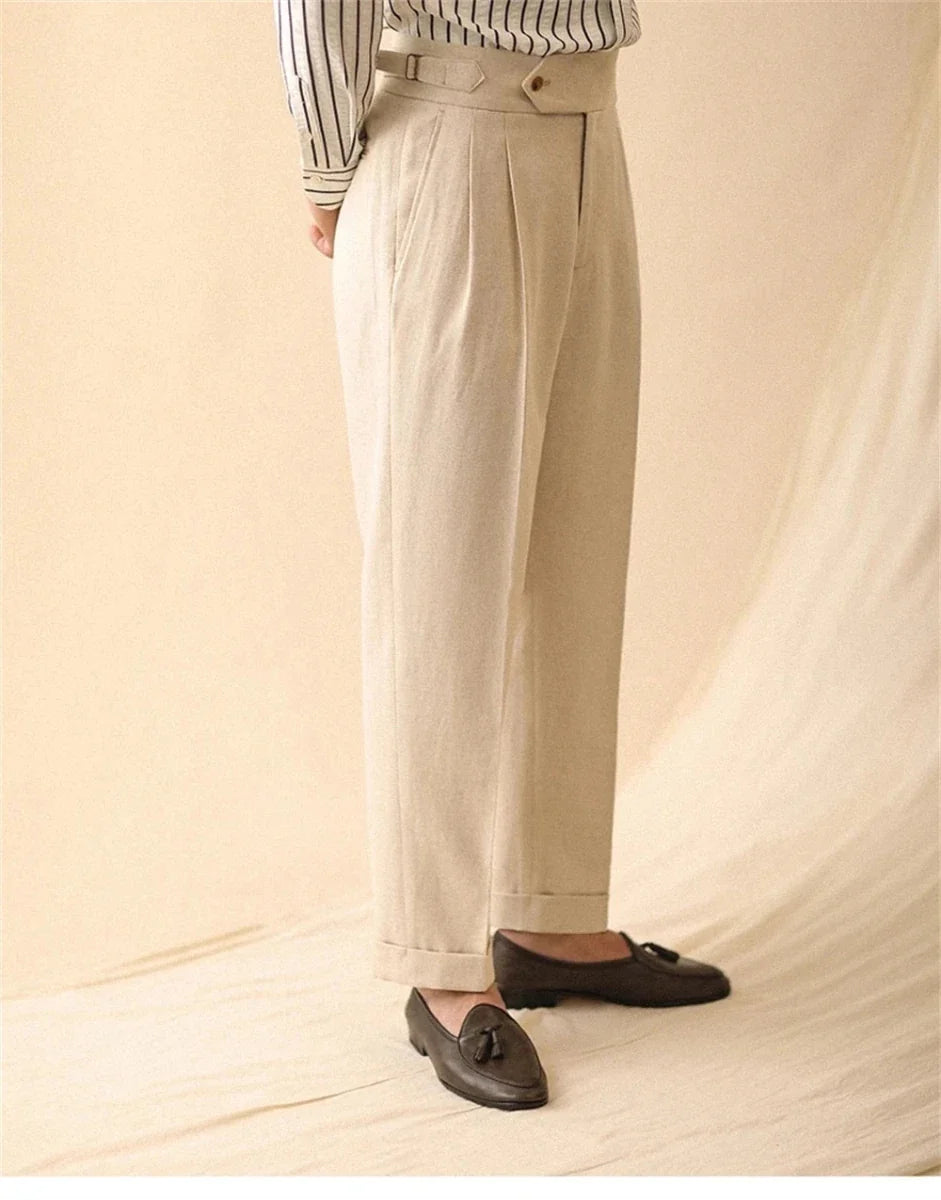 Pantalones de Lino de Corte Recto de Negocios