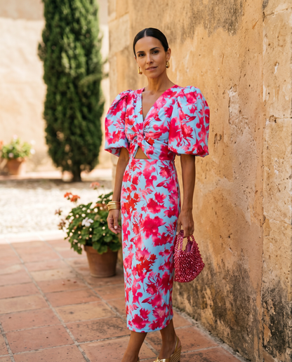 | Robe Mi-Longue Fleurie Manches Boffantes Aveline