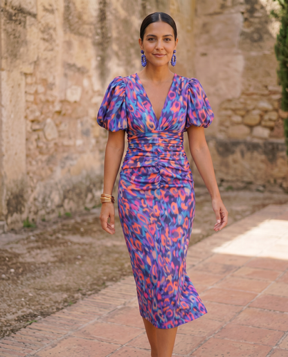 | Robe Mi-Longue Fleurie Manches Boffantes Aveline