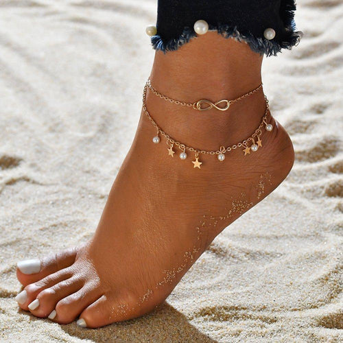 | BRACELET CHEVILLE INFINI AVEC PERLES ET ÉTOILES