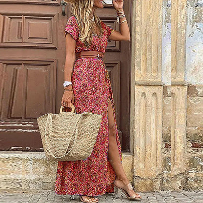 Vestido largo bohemio con cintura fruncida