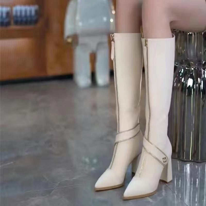 Botas Altas de Punta Fina y Tacón Grueso para Mujer
