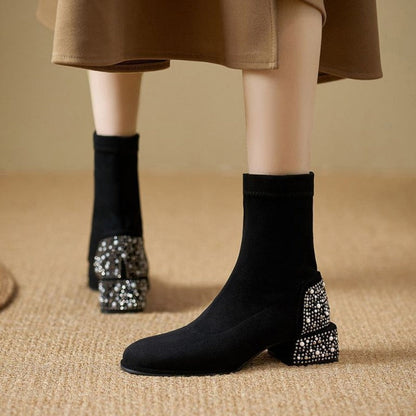 Botines Elegantes para Mujer con Tacón Grueso y Strass