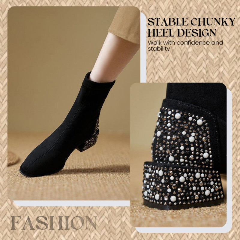 Botines Elegantes para Mujer con Tacón Grueso y Strass