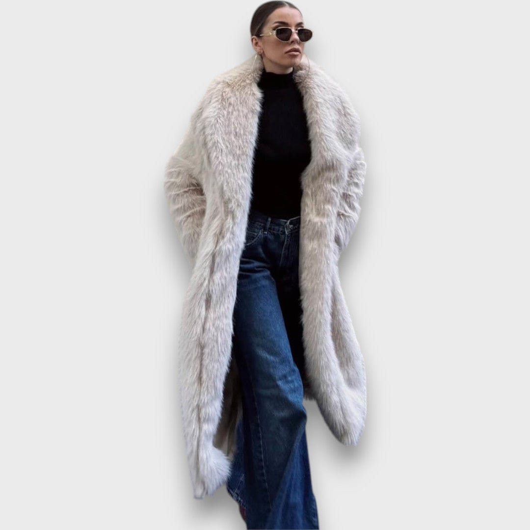 Liviane – Abrigo largo con detalles de pelo sintético estilo couture