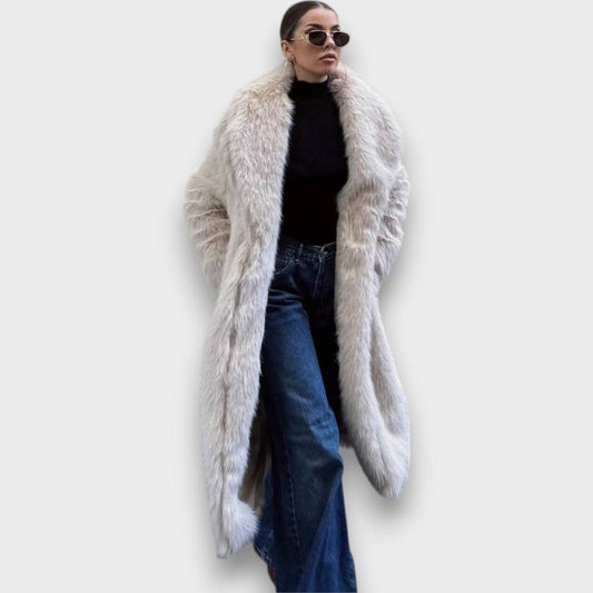 Liviane – Abrigo largo con detalles de pelo sintético estilo couture